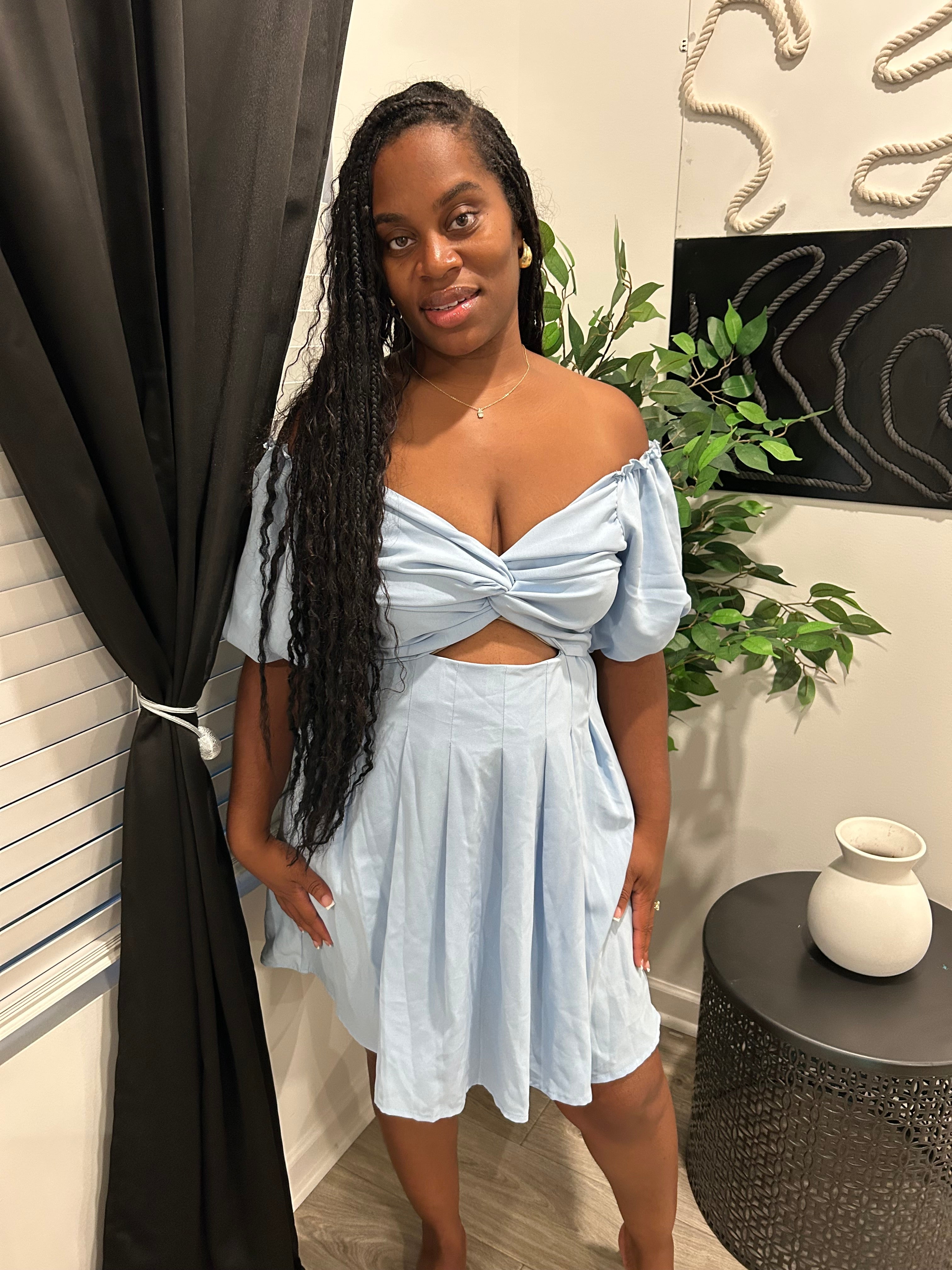 Off the shoulder sky blue dress