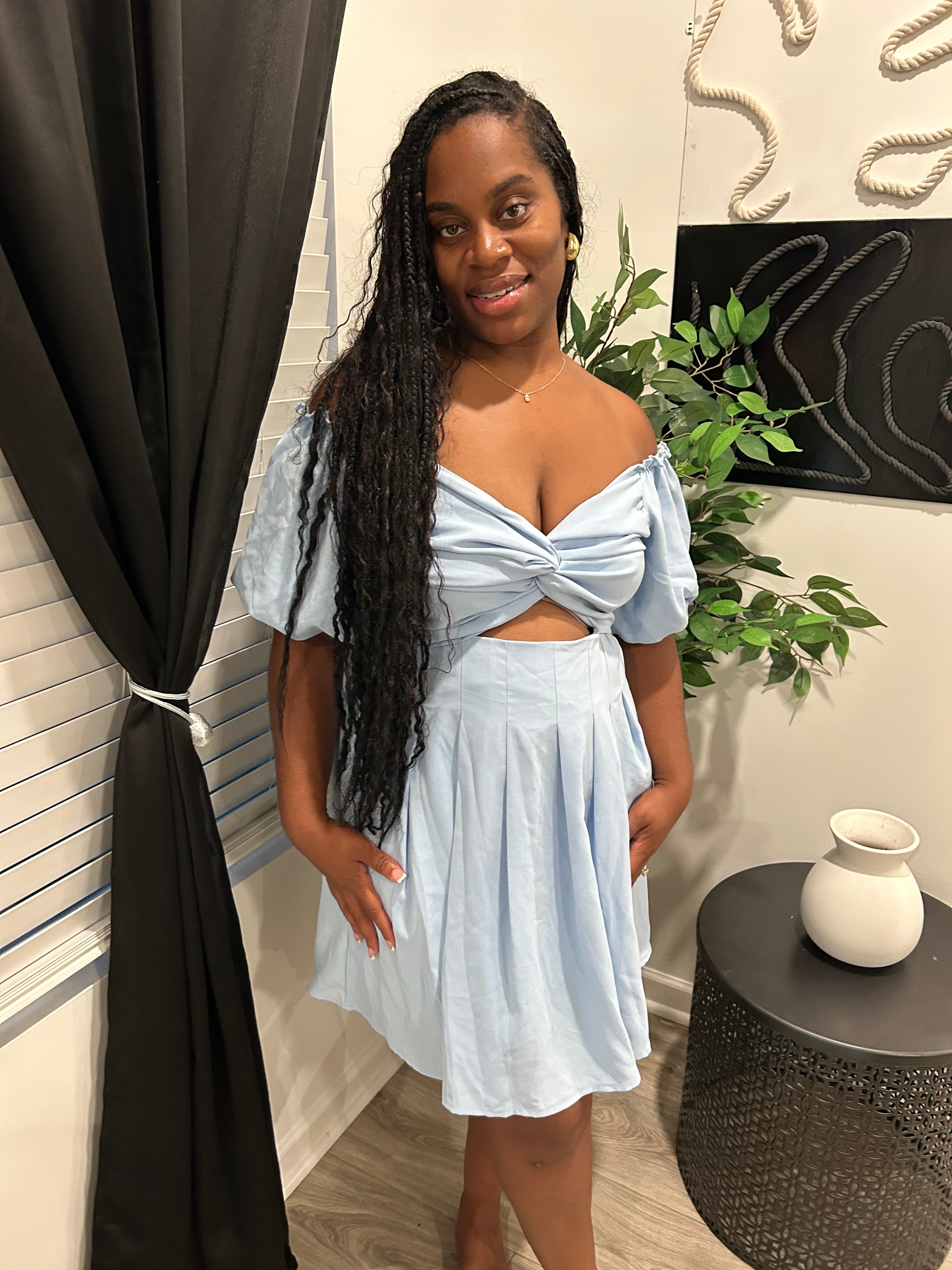 Off the shoulder sky blue dress