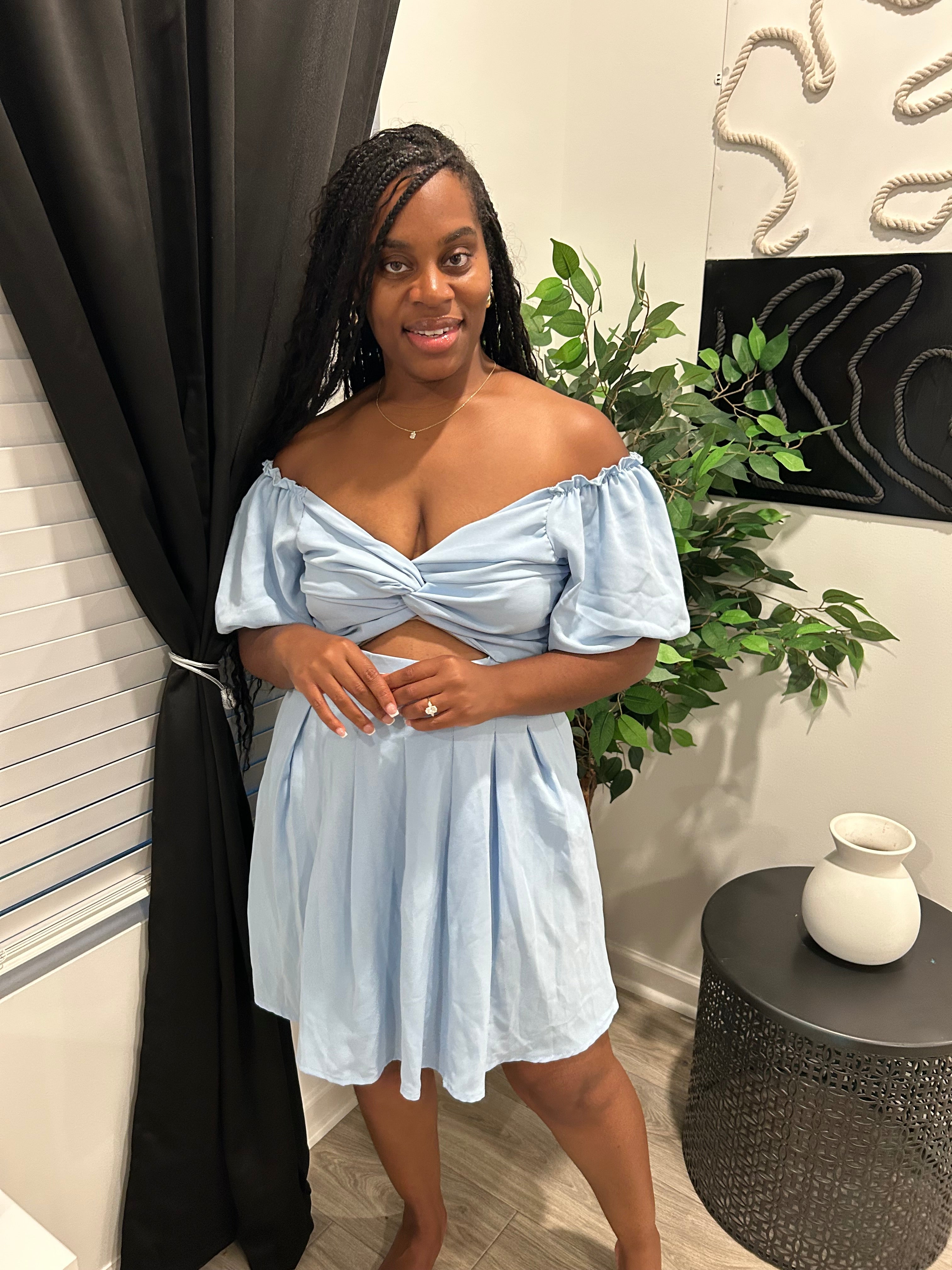 Off the shoulder sky blue dress